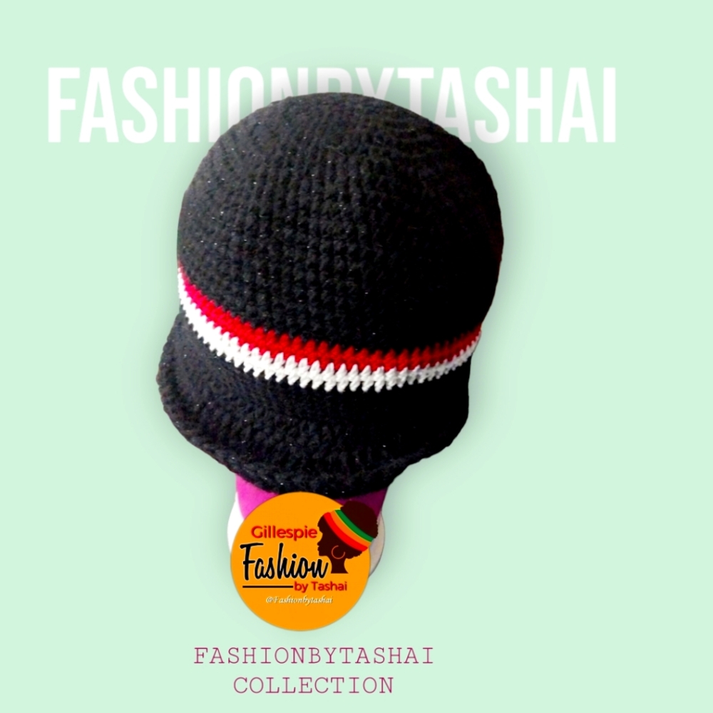 Fashionbytashai black with red and white Streak handmade crochet cap